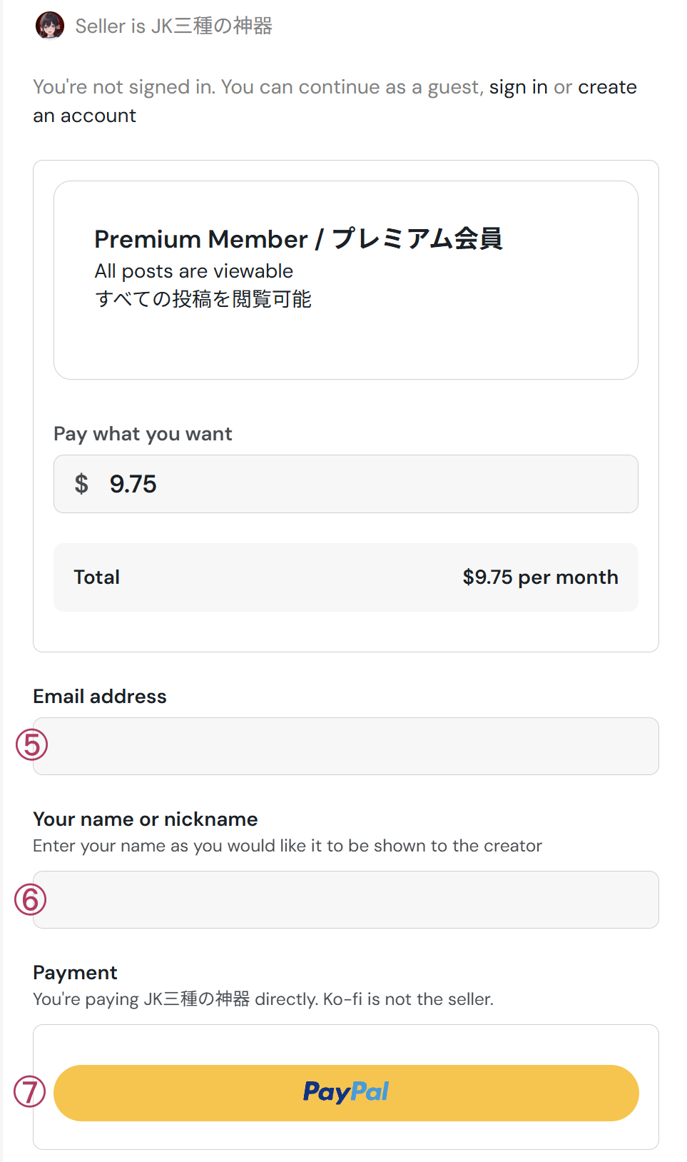 Ko-fi page with ⑤ Email, ⑥ Username fields, ⑦ PayPal button