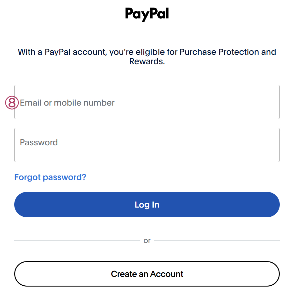 PayPal login or account creation with ⑧ Email field