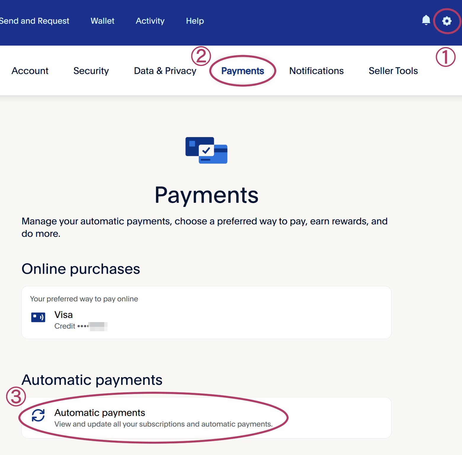 PayPal payments page with ③ Automatic Payments button